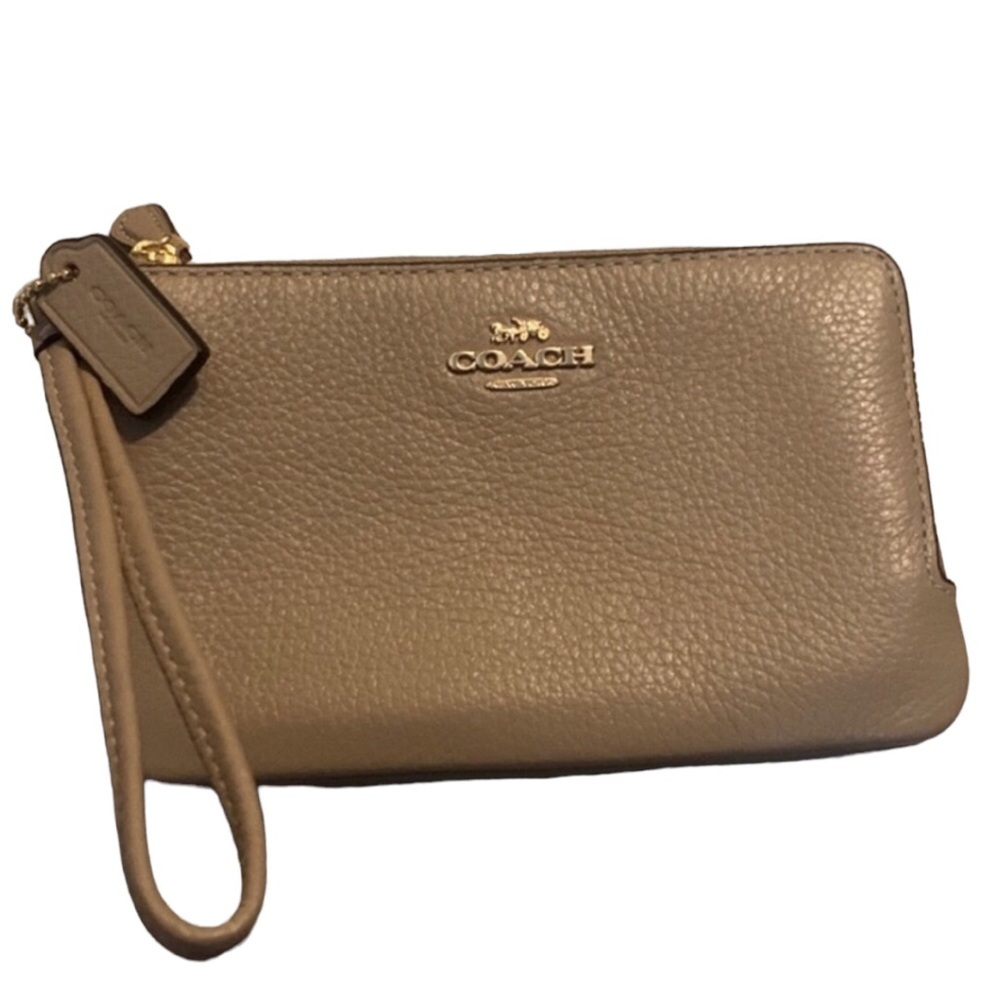 Coach Leather Double Corner Zip Wristlet in Taupe Gold Hdw - Picture 2 of 13